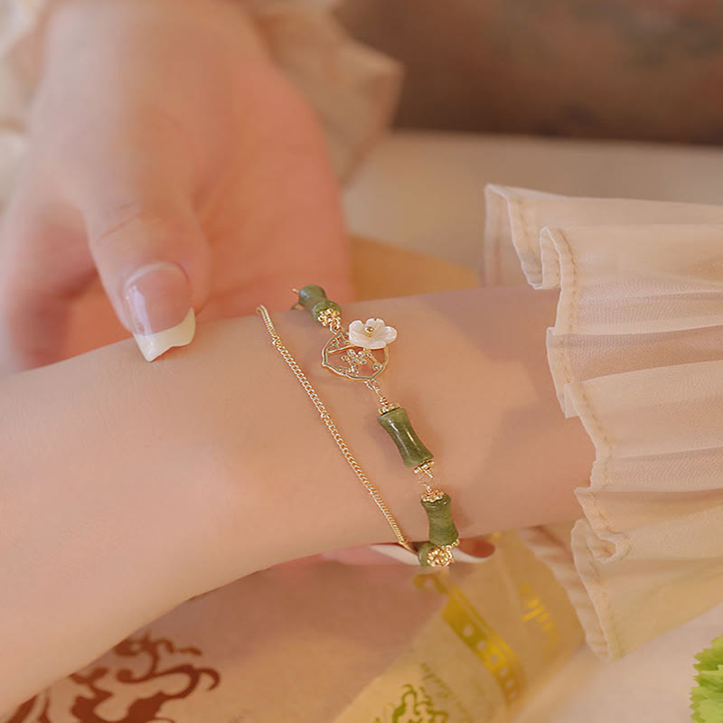 Fortune Jewel 14k Gold Plated Copper Peridot Bamboo Flower Wealth Double Layer Bracelet