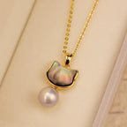 Fortune Jewel Natural Pearl Copper Cat Healing Necklace Pendant Earrings