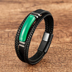 Fortune Jewel Natural Stone Green Agate Power Multilayered Braided Leather Bracelet