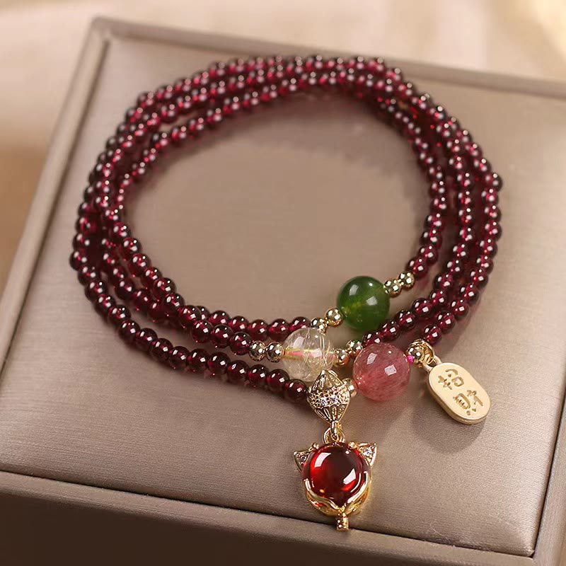 Fortune Jewel Natural Garnet Strawberry Quartz Crystal Fox Koi Fish Peace Buckle Fortune Protection Triple Wrap Bracelet