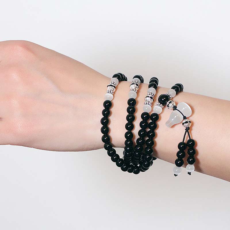 Fortune Jewel Black Onyx White Crystal Bead Meditation Bracelet