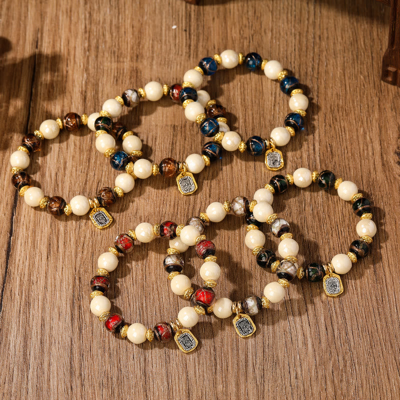 Fortune Jewel Tibetan Zakiram Goddess of Wealth Charm Liuli Glass Incense Ash Porcelain Bead Protection Bracelet