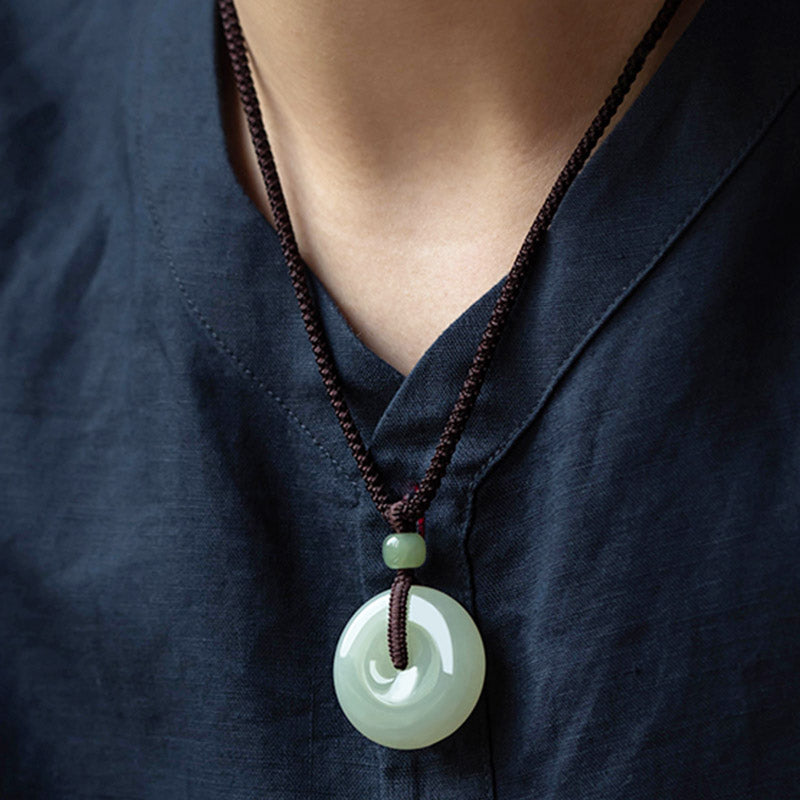 Fortune Jewel Natural Round Jade Peace Buckle Luck Prosperity Necklace Pendant