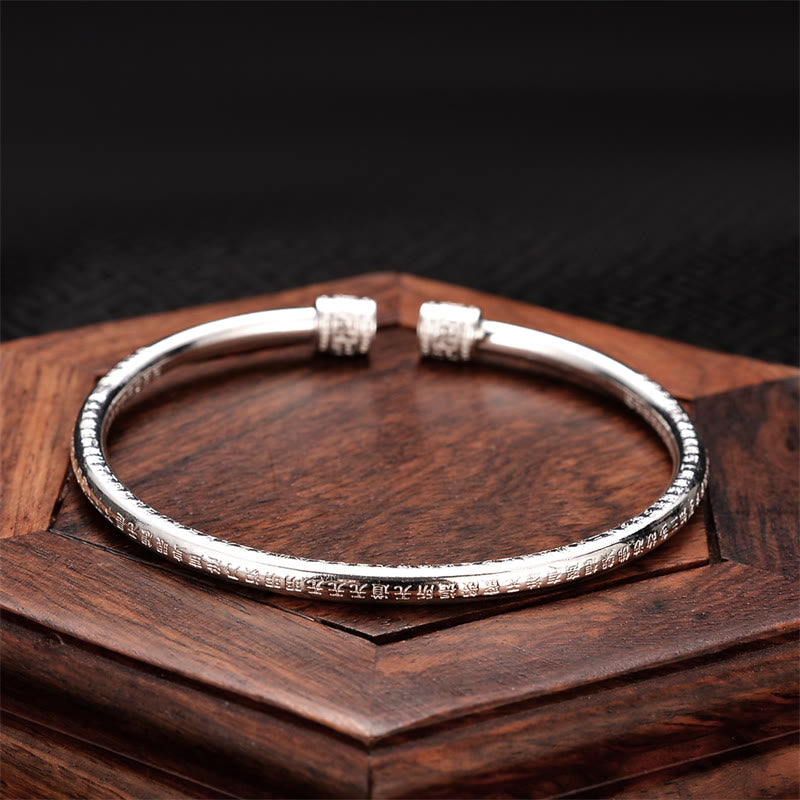 Fortune Jewel Heart Sutra Engraved Swastika Pattern Luck White Copper Bracelet Bangle
