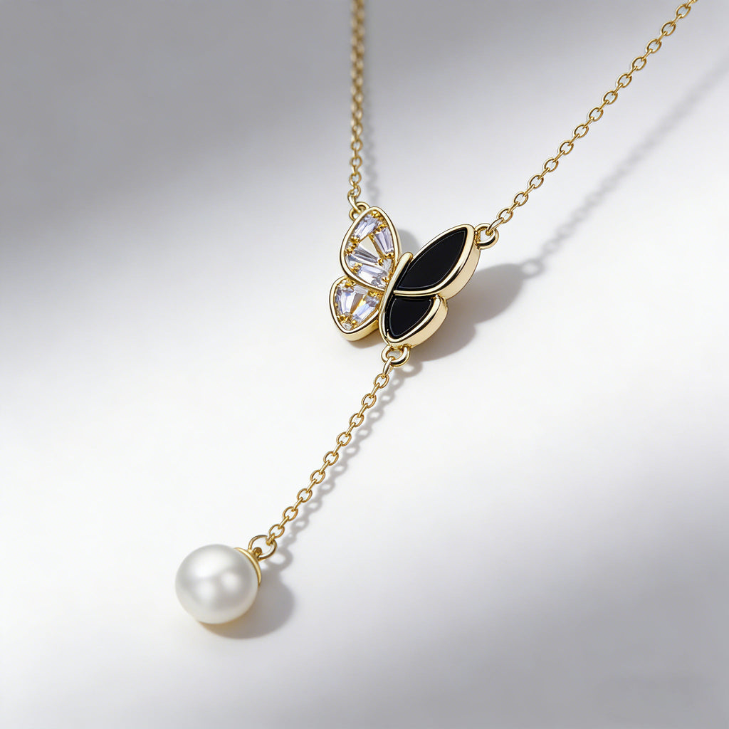 Butterfly Necklace with 18K Gold Plating and Pearl Charm