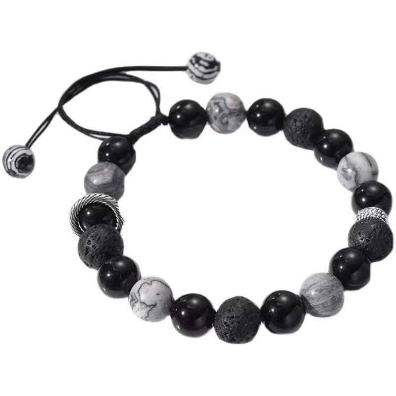Fortune Jewel Vintage Lava Rock Black Obsidian Picasso Jasper Beads Support Rope Bracelet