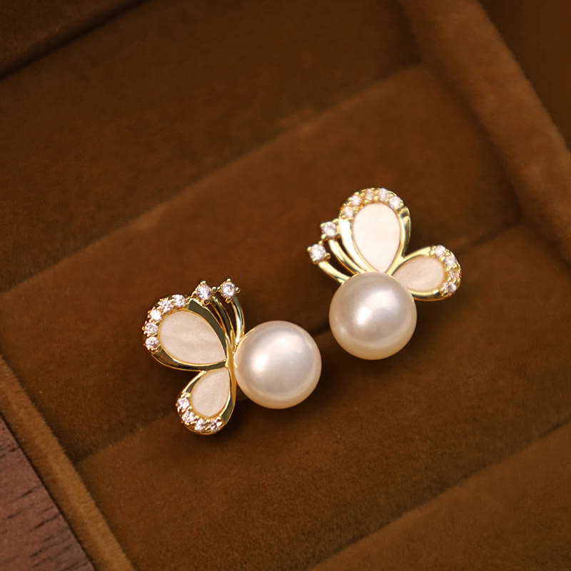 Fortune Jewel 925 Sterling Silver Posts 18K Gold Plated Copper Natural Pearl Butterfly Zircon Healing Stud Earrings