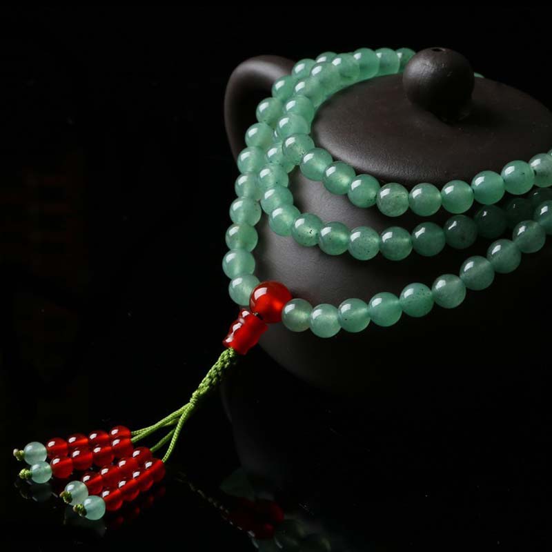 Fortune Jewel 108 Beads Green Aventurine Red Agate Luck Mala Bracelet