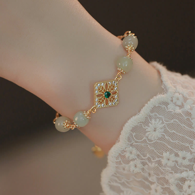 Fortune Jewel Natural Hetian Jade Bead Square Pattern Luck Chain Bracelet