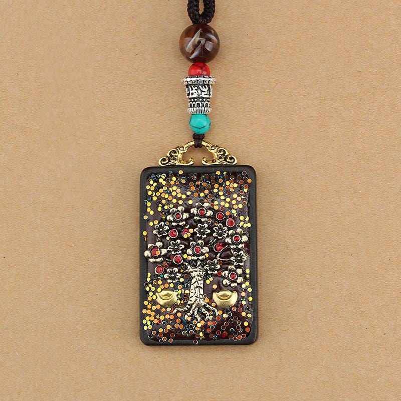 Fortune Jewel Tibet God Of Wealth Money Tree Golden Phoenix Thangka Ebony Peace Necklace Pendant