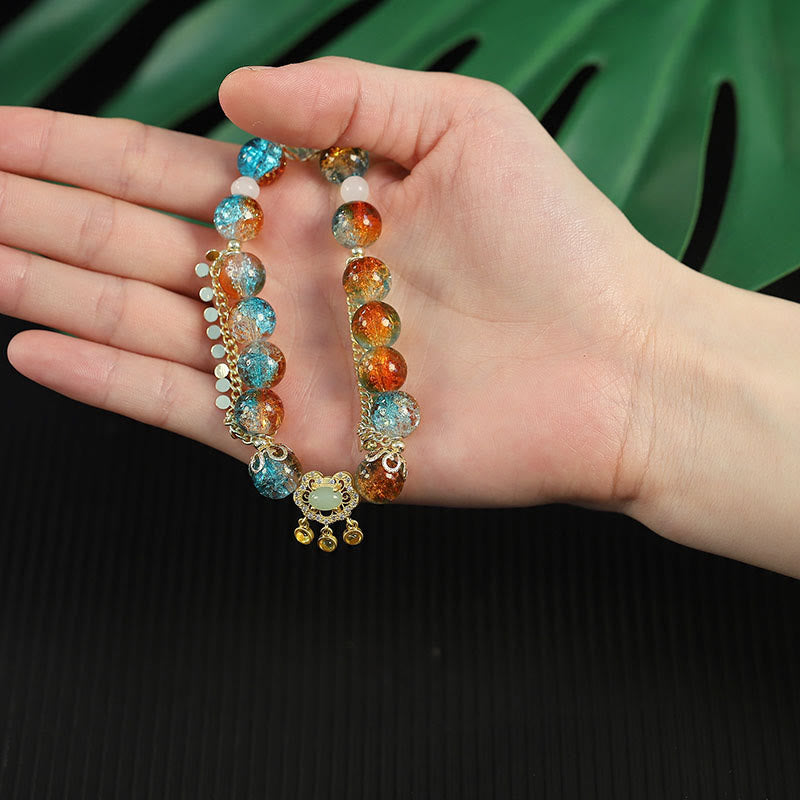 Fortune Jewel Colorful Liuli Glass Bead Chinese Lock Charm Fortune Bracelet