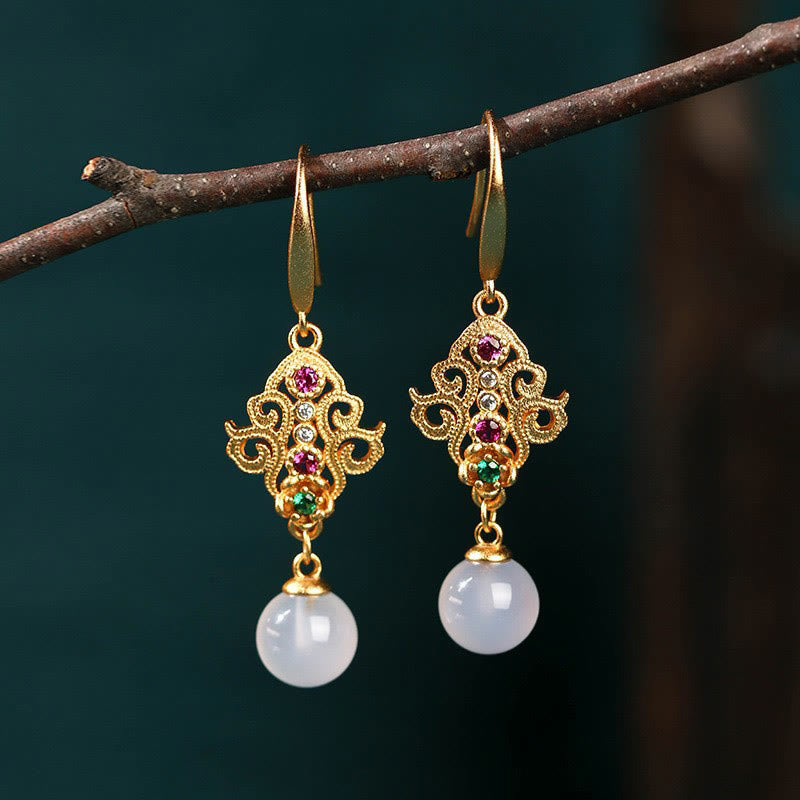 Fortune Jewel 24K Gold Plated Round Chalcedony Positive Dangle Drop Earrings