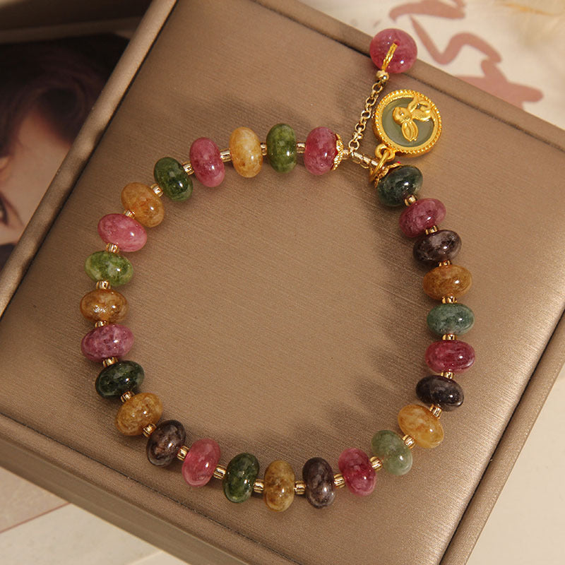 Fortune Jewel Natural Colorful Tourmaline Cute Rabbit Charm Positive Bracelet