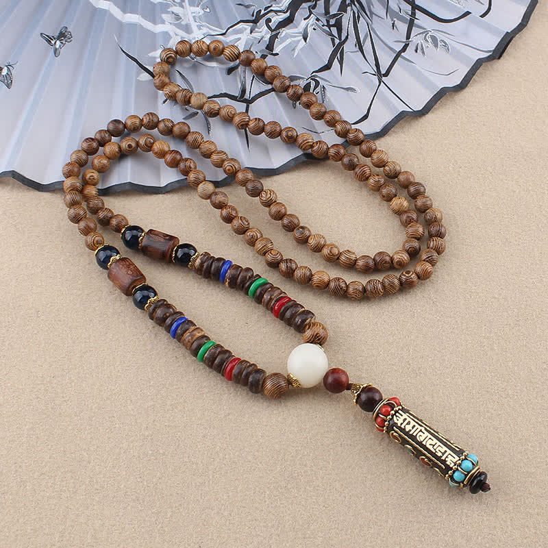 Fortune Jewel Tibetan Om Mani Padme Hum Dzi Bead Wenge Wood Necklace Pendant