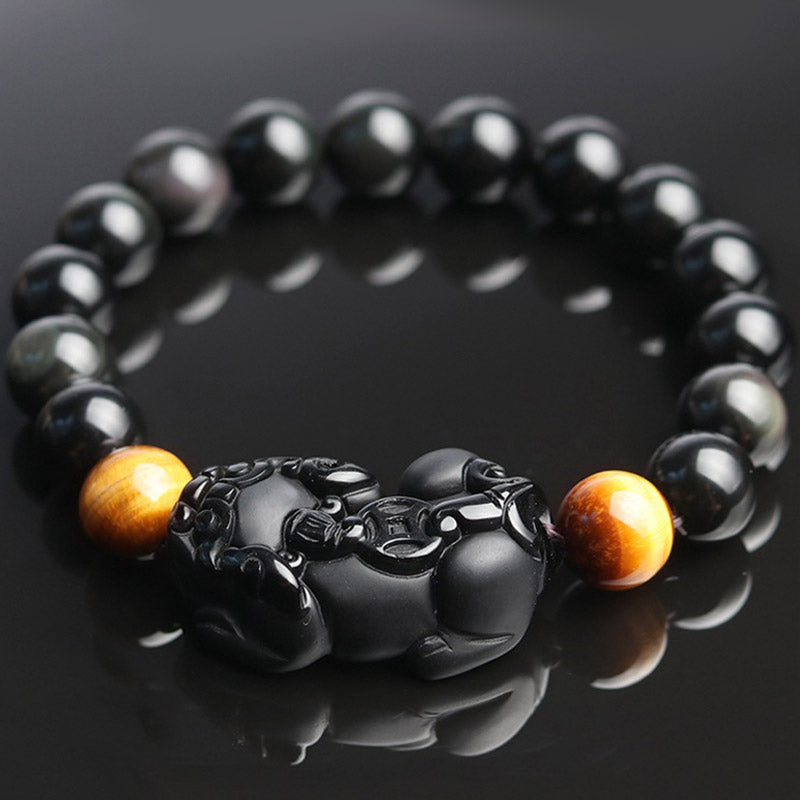 Fortune Jewel FengShui PiXiu Rainbow Obsidian Tiger Eye Wealth Bracelet