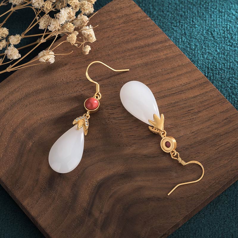 Fortune Jewel FengShui White Jade Luck Drop Earrings