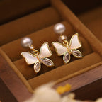 Fortune Jewel 18K Gold Plated Copper Natural Shell Pearl Butterfly Sincerity Stud Earrings