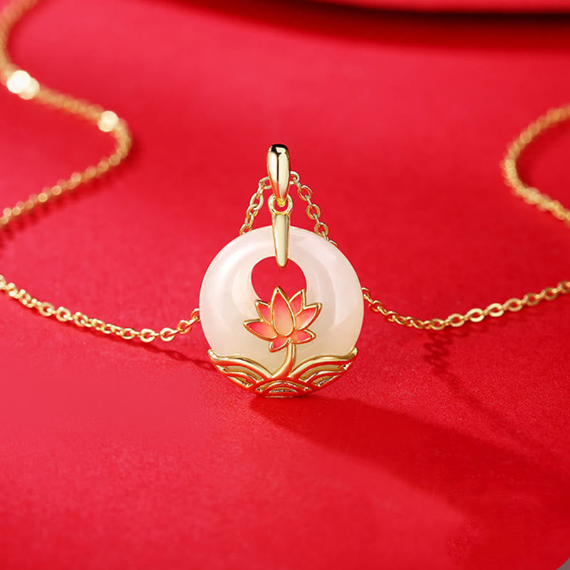 Fortune Jewel 925 Sterling Silver Hetian White Jade Lotus Flower Blessing Necklace Pendant Fortune Jewel
