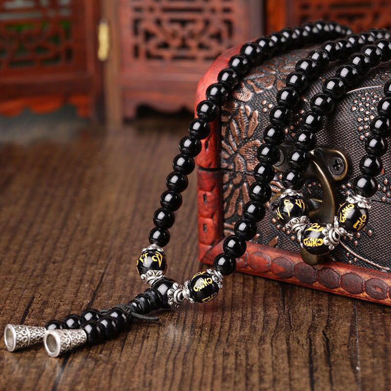 Fortune Jewel Black Obsidian Six True Words Protection Mala Bracelet