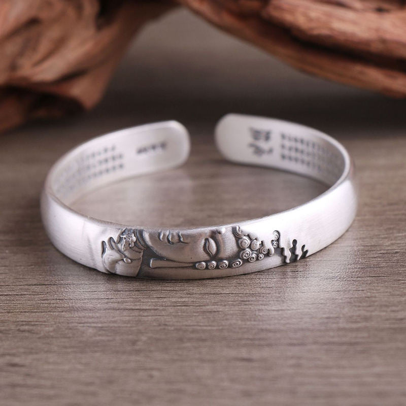 Fortune Jewel 999 Sterling Silver Buddha Head Heart Sutra Serenity Bracelet Bangle