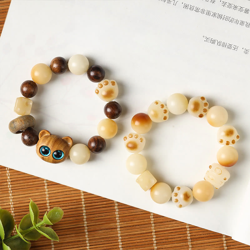 Fortune Jewel Natural Bodhi Seed Sandalwood Lucky Cute Cat Head Paw Claw Peace Bracelet