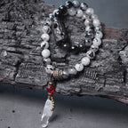 Double-Layer Black Rutilated Quartz Bracelet with White Crystal Pendant for Protection & Mental Clarity