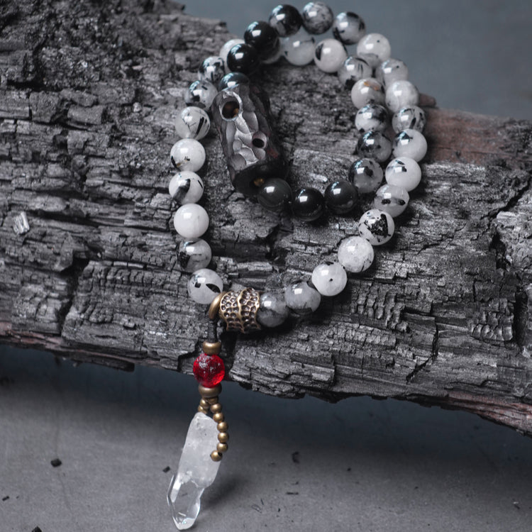Double-Layer Black Rutilated Quartz Bracelet with White Crystal Pendant for Protection & Mental Clarity