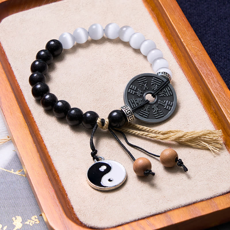 Fortune Jewel Cat's Eye Ebony Wood Yin Yang Bagua Coin Support Rope Bracelet