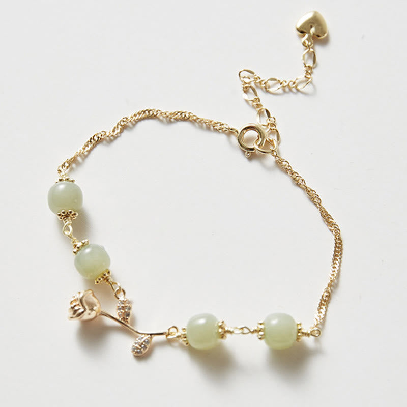 Fortune Jewel 14K Gold Plated Hetian Jade Golden Rose Flower Luck Chain Bracelet