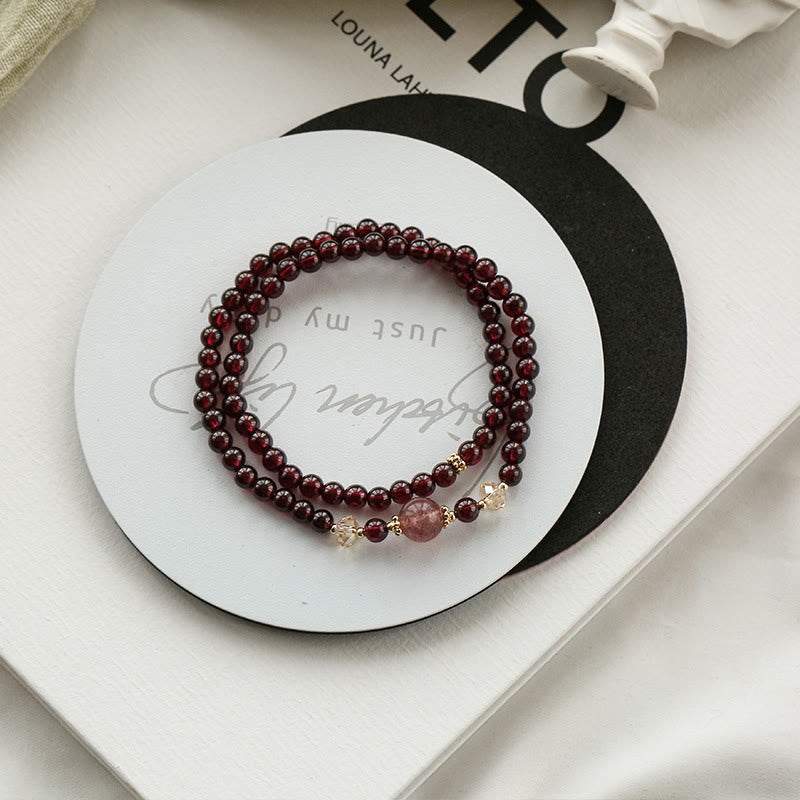 Fortune Jewel 14K Gold Plated Natural Garnet Strawberry Quartz Stability Double Wrap Bracelet