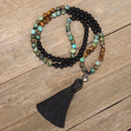 Fortune Jewel 108 Mala Beads Natural Stone Tiger Eye Turquoise Protection Strength Bracelet Necklace