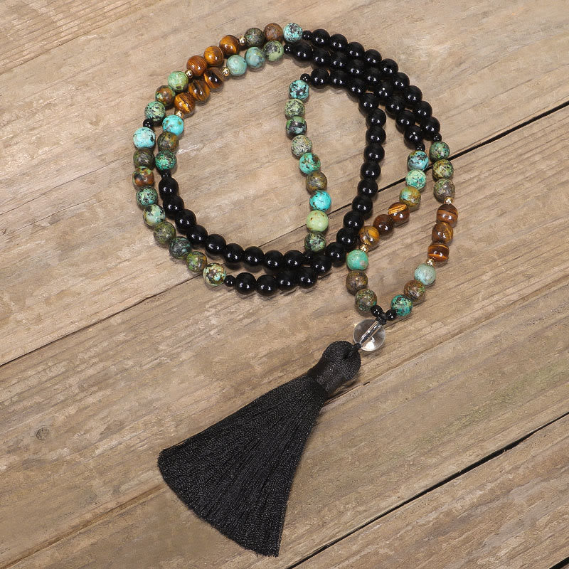 Fortune Jewel 108 Mala Beads Natural Stone Tiger Eye Turquoise Protection Strength Bracelet Necklace