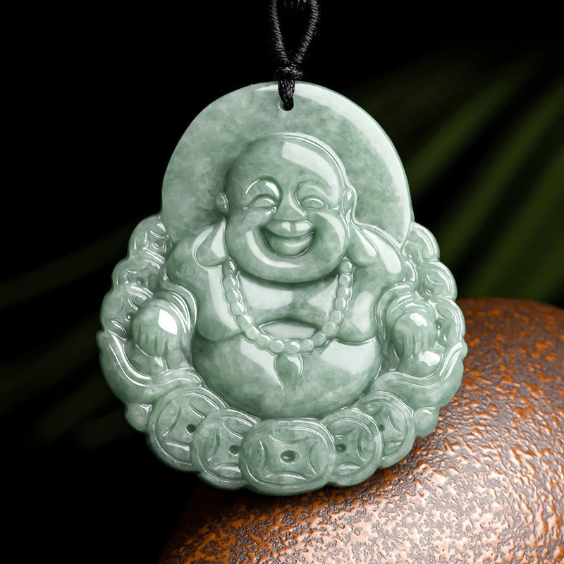 Fortune Jewel Laughing Buddha Natural Jade Copper Coin Abundance Necklace Pendant Fortune Jewel
