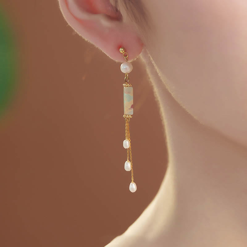 Fortune Jewel 925 Sterling Silver Posts Shoushan Stone Pearl Healing Drop Earrings