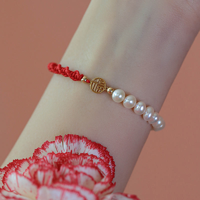 Fortune Jewel 14K Gold Plated Pearl Bead Luck Protection Braid Red String Bracelet