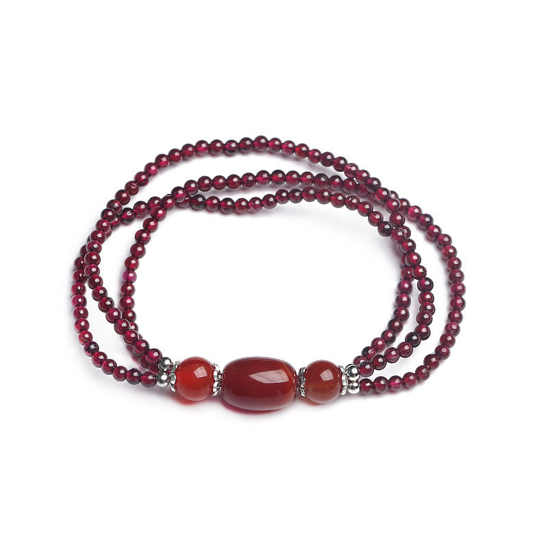 Fortune Jewel Natural Garnet Red Agate Protection Triple Layer Bracelet