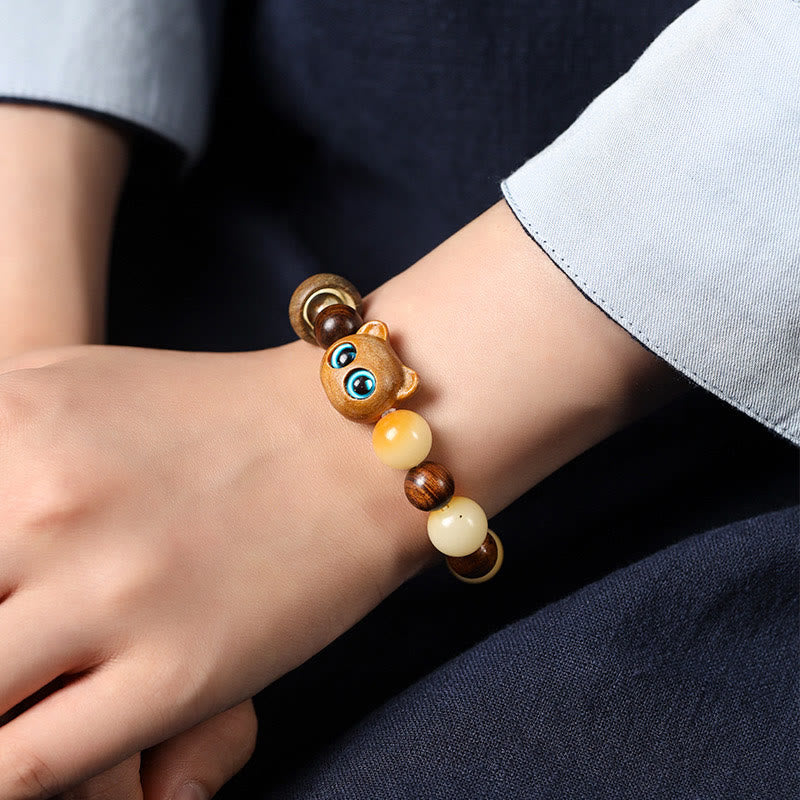 Fortune Jewel Natural Bodhi Seed Sandalwood Lucky Cute Cat Head Paw Claw Peace Bracelet