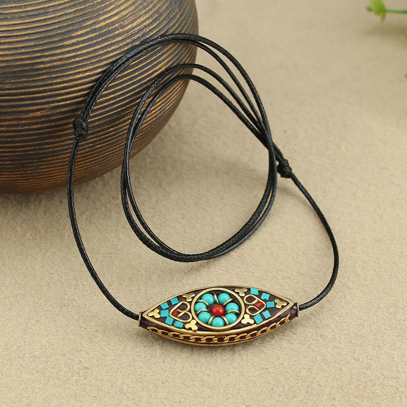 Fortune Jewel Tibet Turquoise Bead Marquise Pattern Protection Strength Necklace Pendant