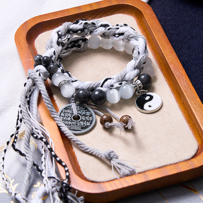 Fortune Jewel Black Glitter Stone Cat's Eye Yin Yang Mountain Ghosts Spend Money Power Double Layer Rope Bracelet