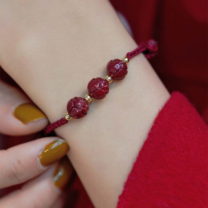Fortune Jewel Cinnabar Jade Lotus Calm Red String Weave Bracelet