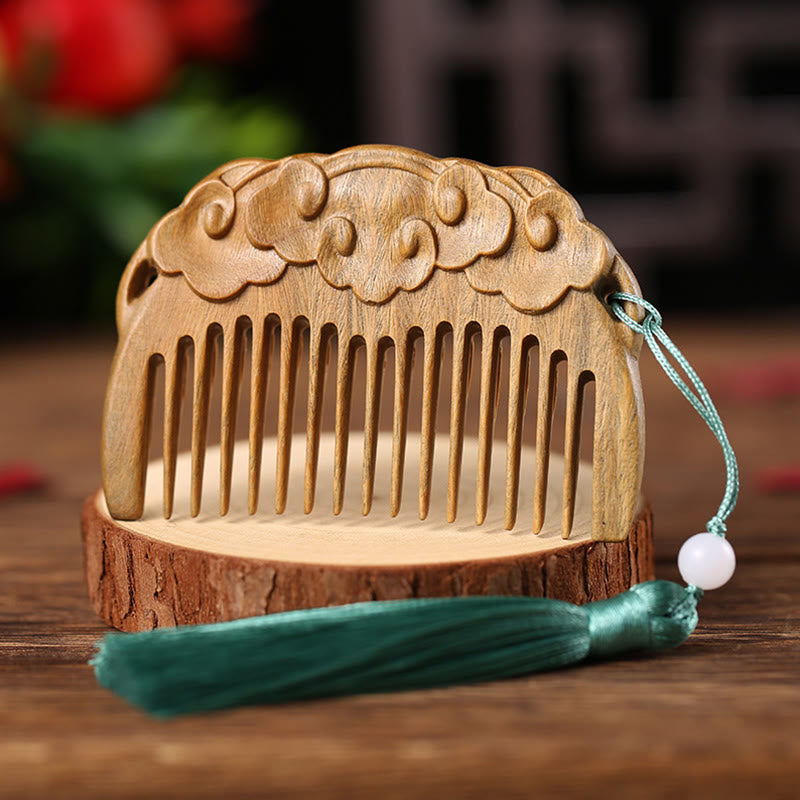 Fortune Jewel Green Sandalwood Fox Peony Flower Lotus Engraved Cure Tassel Comb Fortune Jewel