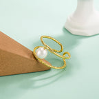 Fortune Jewel Round Jade Pearl Bead Double Layer Copper Luck Adjustable Ring