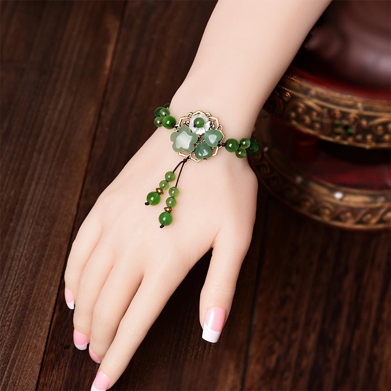 Fortune Jewel Natural Green Jade Luck Dangling Flower Bracelet