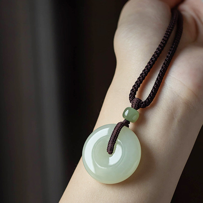Fortune Jewel Natural Round Jade Peace Buckle Luck Prosperity Necklace Pendant
