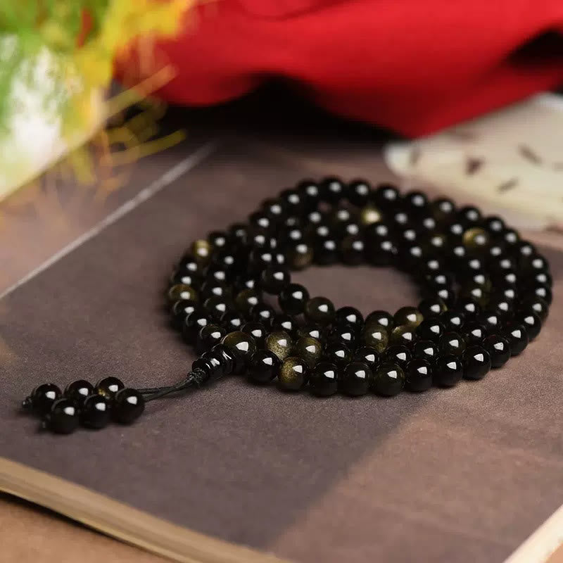 Fortune Jewel 108 Mala Beads Natural Gold Sheen Obsidian Wealth Bracelet