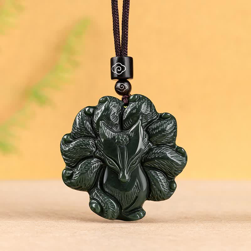 Fortune Jewel Hetian Cyan Jade Nine Tailed Fox Luck Necklace String Pendant