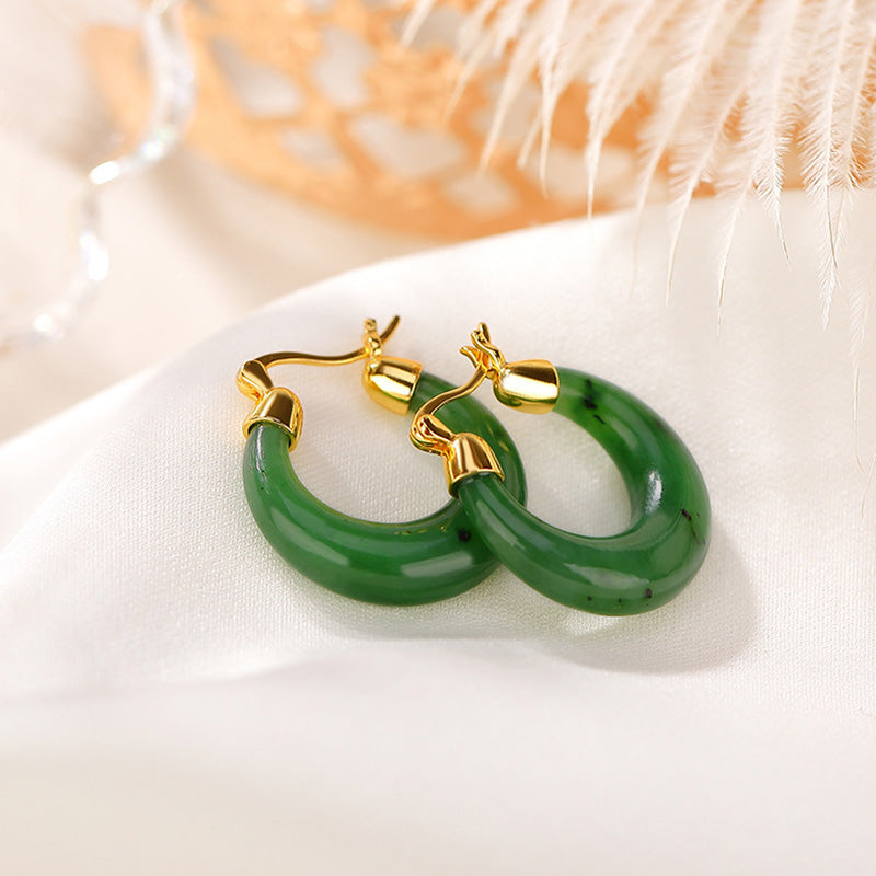 Fortune Jewel 925 Sterling Silver Plated Gold Natural Round Hetian Cyan Jade Luck Drop Earrings