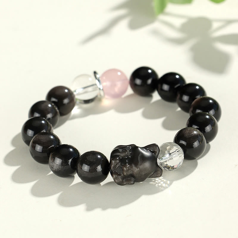 Fortune Jewel Natural Silver Sheen Obsidian Cat Head Fox Planet Protection Bracelet