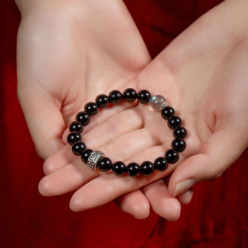 Fortune Jewel Chinese Zodiac Natal Buddha 925 Sterling Silver Black Obsidian Moonstone Strength Bracelet