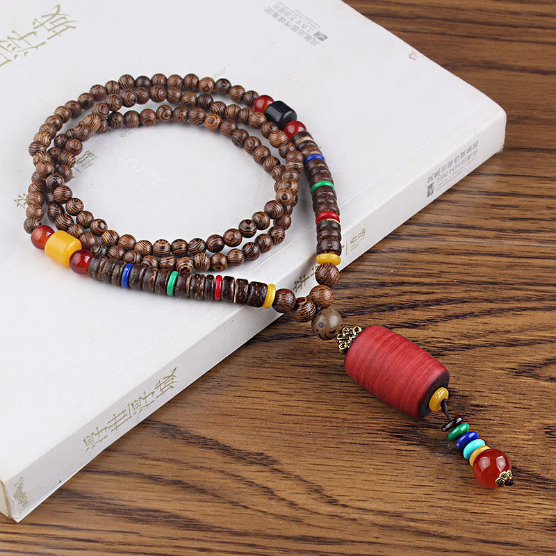 Fortune Jewel Tibetan Wenge Wood Bodhi Seed Agate Balance Peace Necklace Pendant